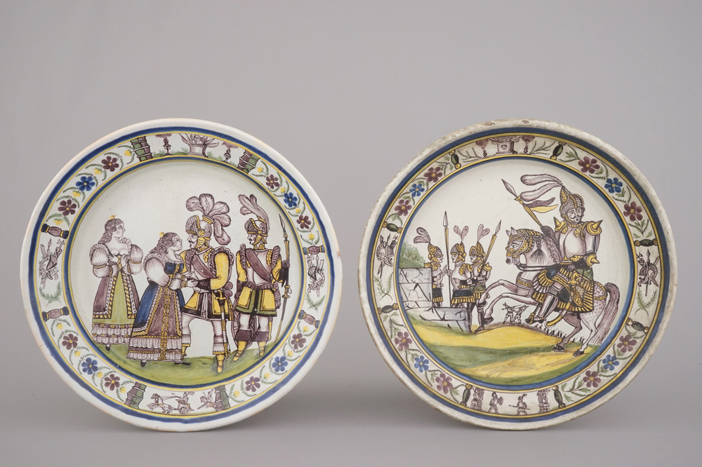 Deux plats en fa&iuml;ence polychrome fran&ccedil;aise, probablement Lille, atelier Wamps-Masquelier, fin 18e