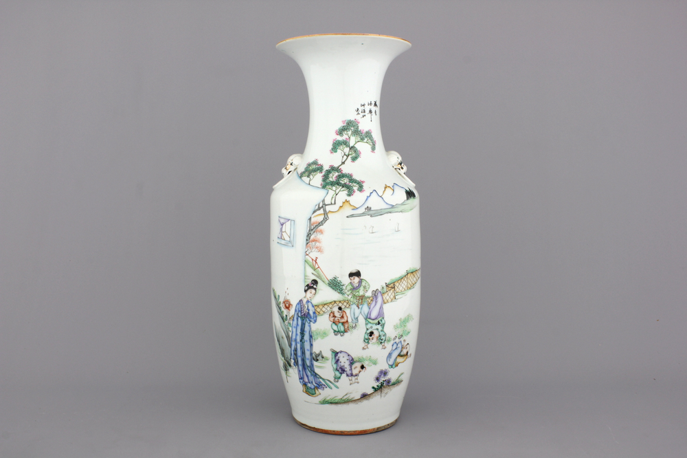 A Chinese porcelain vase with boys playing in a garden, 19/20th C.