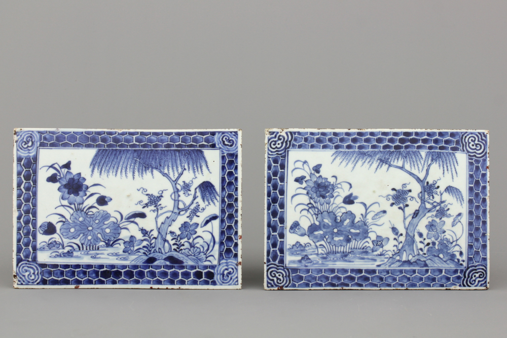 A pair of Chinese porcelain blue and white rectangular tiles, 18th C.