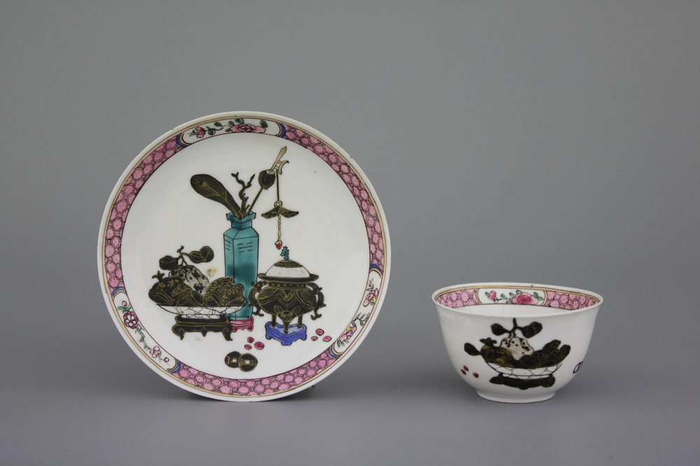 A Chinese porcelain famille rose semi-eggshell cup and saucer, Yongzheng, 18th C.