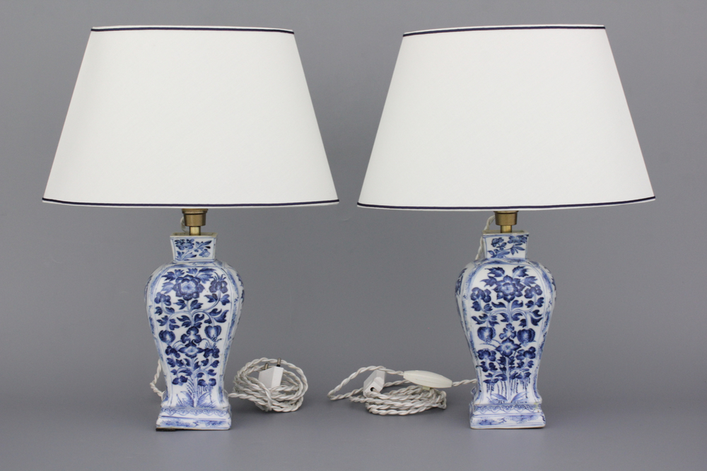A pair of Chinese porcelain blue and white vases mounted as lamps, Kangxi, 18th C.