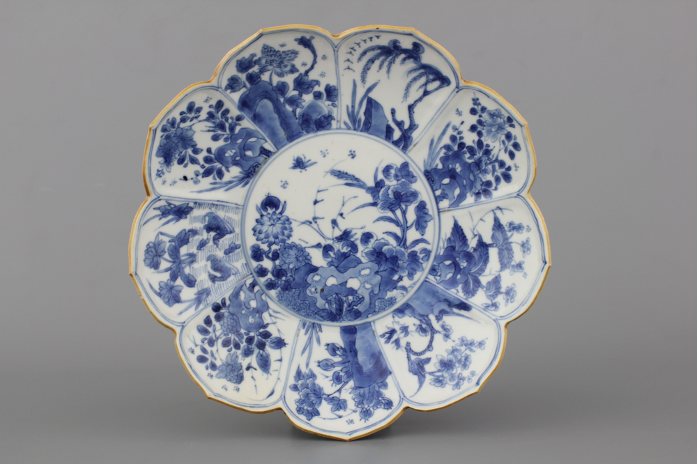 A Chinese porcelain blue and white lotus-shaped plate, Kangxi, ca. 1700
