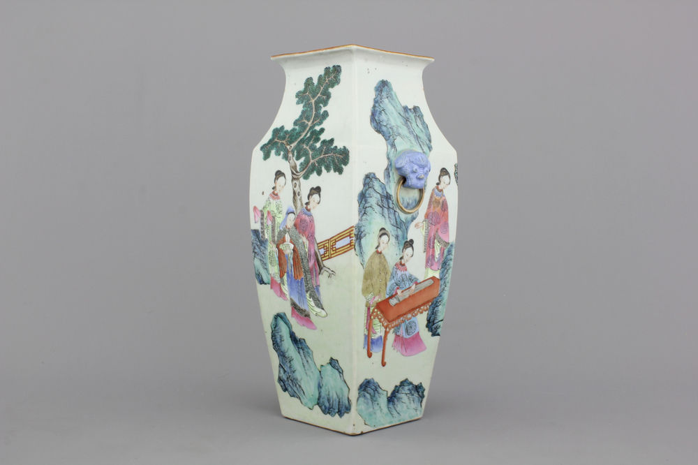A fine Chinese porcelain famille rose tapered square vase, 19th C.