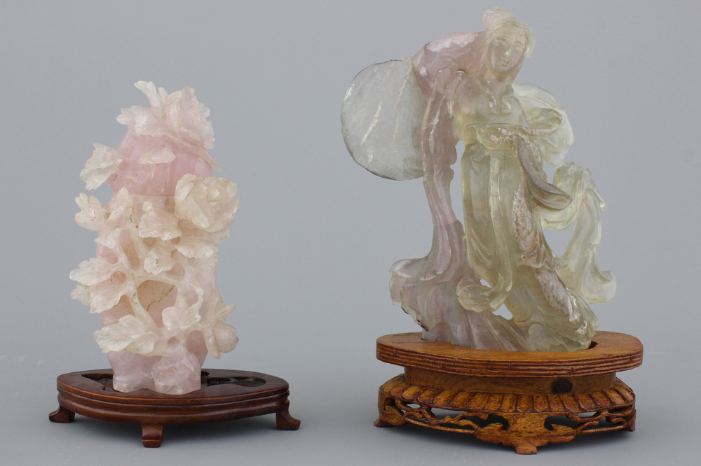 Two Chinese carved pink quartz figures, 19/20th C.