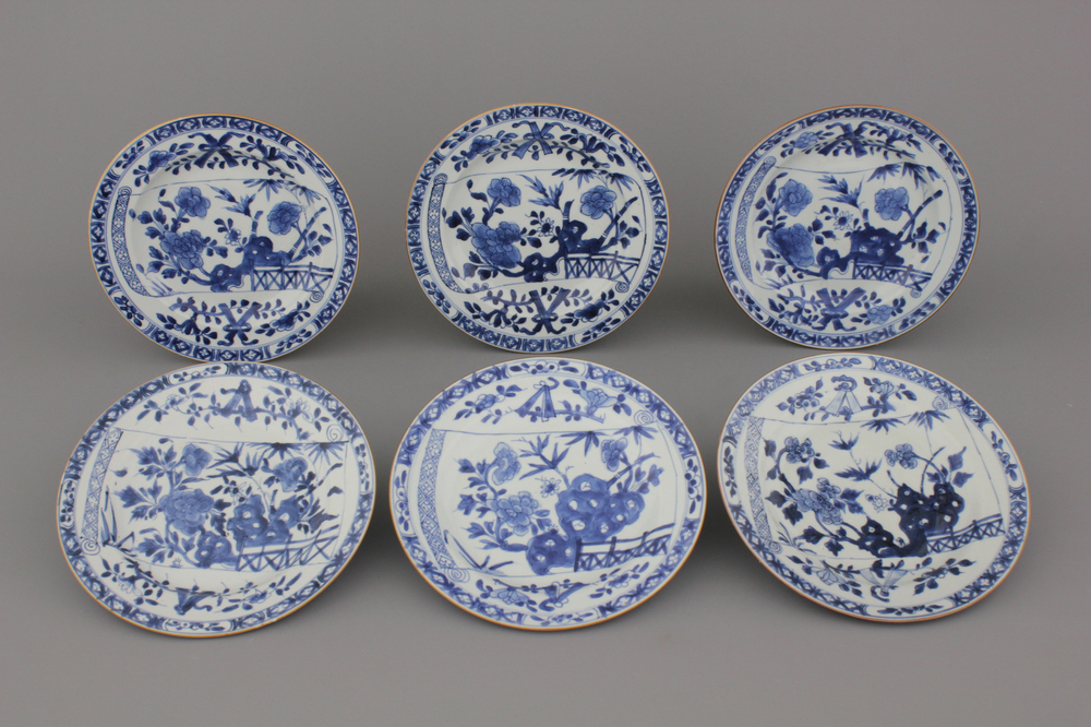 A set of 6 Chinese porcelain blue and white plates with floral banner decoration, 18th C.