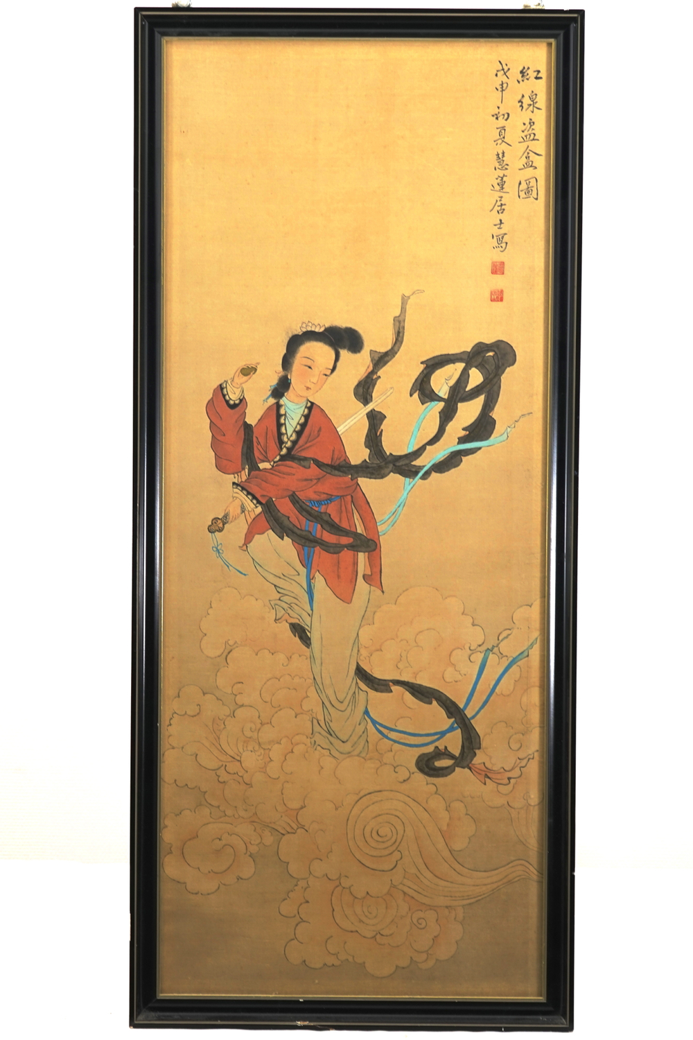 Peinture chinoise sur soie avec Immortelle f&eacute;minine avec sable, 19e