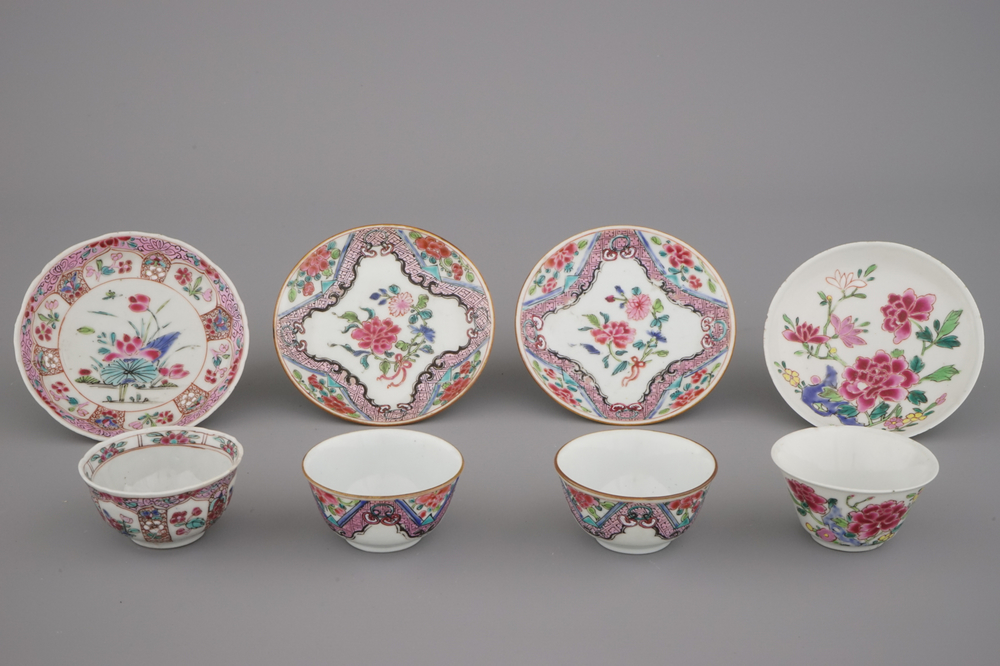 Groupe de 4 tasses et sous-tasses, famille rose, Yongzhen et Qianlong