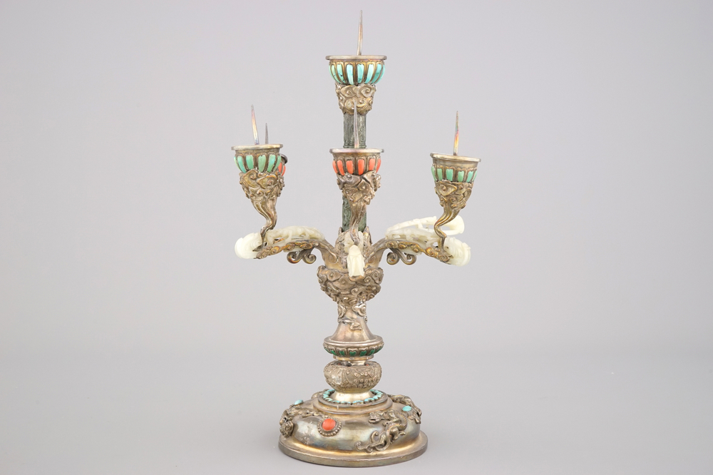 An impressive Chinese silver and jade candlestick, with turquoise and coral insets, 19th C.