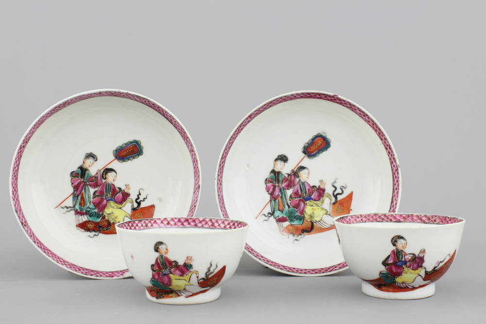 A pair of famille rose Mandarin cups and saucers, Qianlong, 18th C.