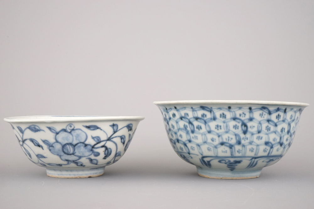 Two blue and white Chinese porcelain bowls, Ming Dynasty