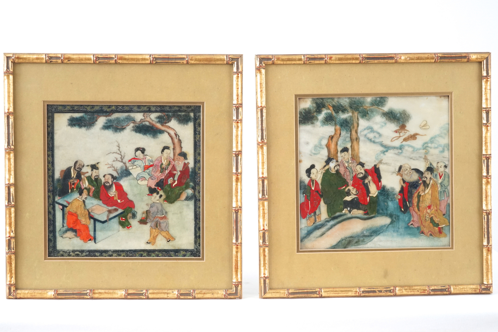 A pair of Chinese paintings in faux-bamboo frames, 19th C.