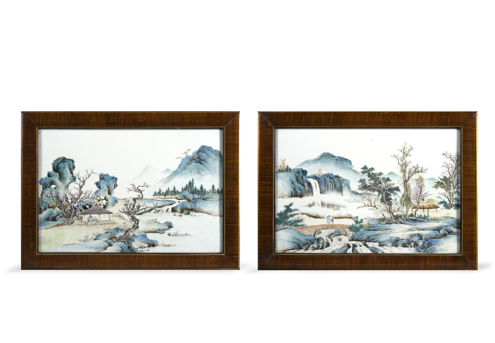 A pair of Chinese porcelain plaques with fine landscape painting, 19th C.