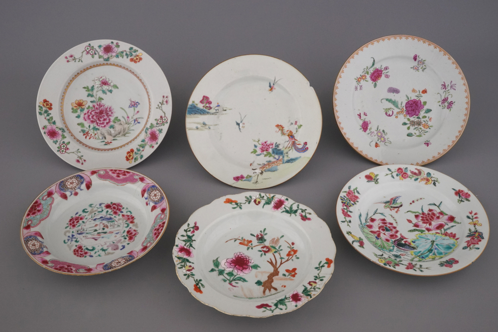 A collection of 6 Chinese famille rose porcelain plates, 18th C.