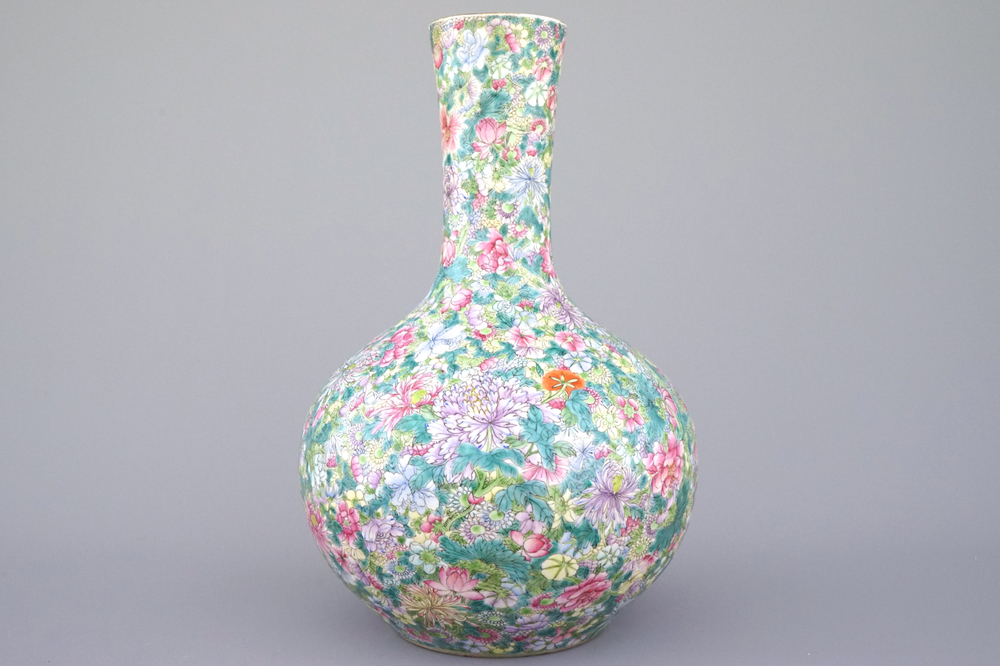 A large Chinese tianqu ping millefleurs vase, ca. 1900