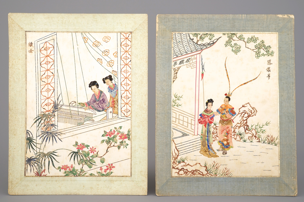 A pair of Chinese cut paper and stamps collages, 19/20th C.