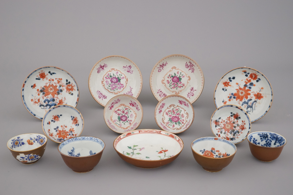 A collection of various cups and saucers in Imari and famille rose palette, 18th C.