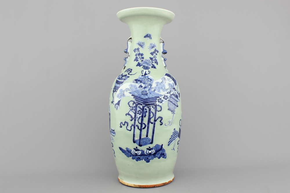 A fine Chinese celadon ground vase with scholar's objects, 19/20th C.