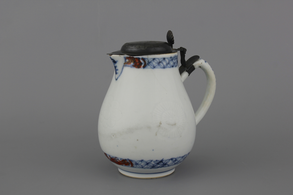 A Chinese porcelain doucai pewter-mounted jug, Qianlong, 18th C.