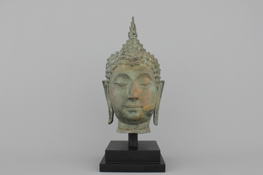 Boeddhahoofd in brons, Thailand, 20e eeuw