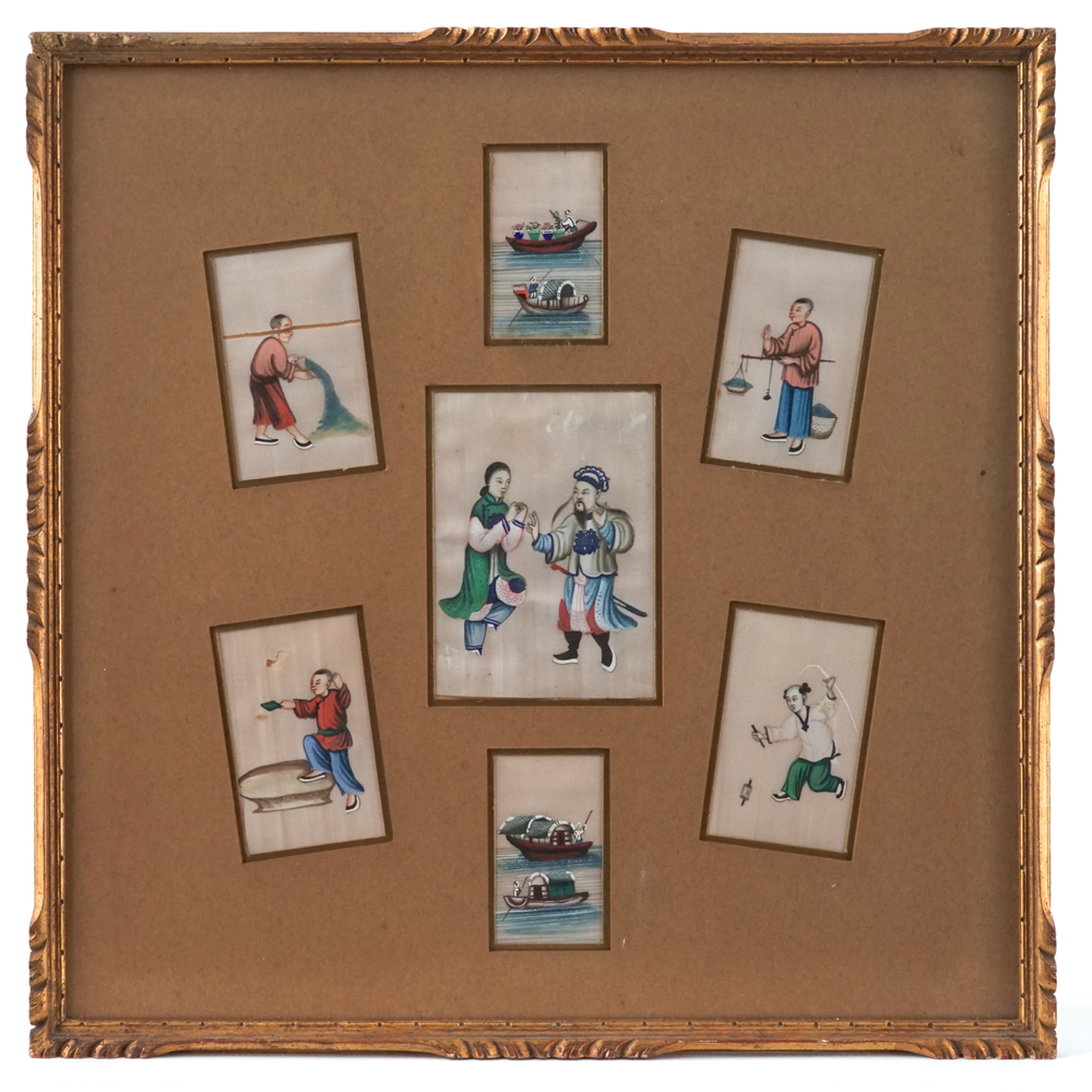 A framed set of 7 Chinese Canton rice paper paintings, 18/19th C.