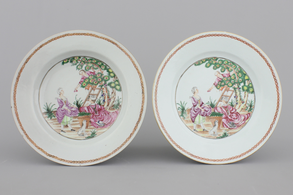 A pair of Chinese export porcelain &quot;Cherry Pickers&quot; plates, Qianlong, 18th C.