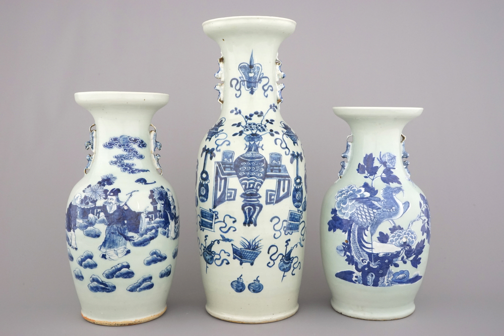 Three large Chinese porcelain celadon ground vases: one with scholar's objects, one with an immortal and one with a peacock, 19/20th C.