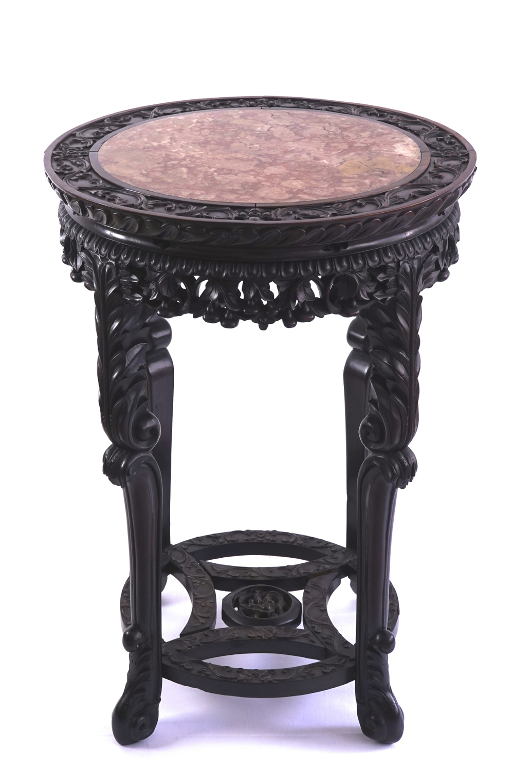 A Chinese carved wood and marble round vase stand