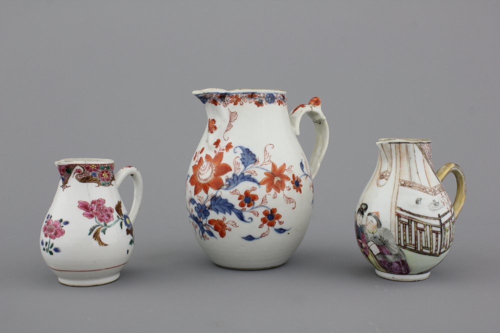 A group of 3 various Chinese porcelain jugs, 18th C.