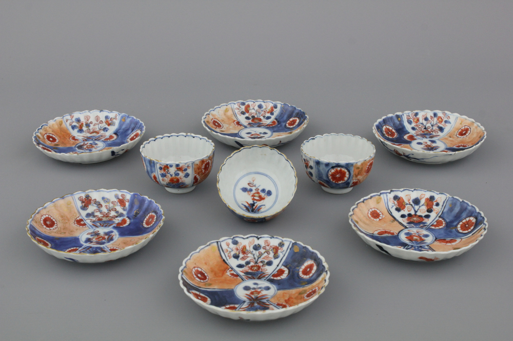 Lot van 3 kopjes en 6 schoteltjes in Chinees Imari porselein, 18e eeuw
