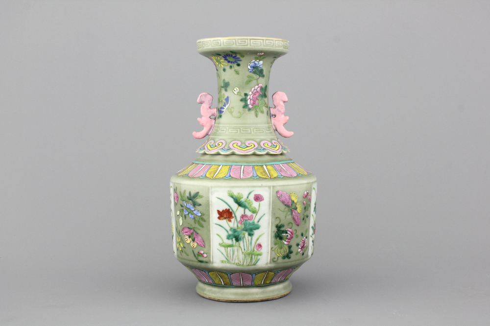 A Chinese porcelain famille rose celadon vase, 19th C.