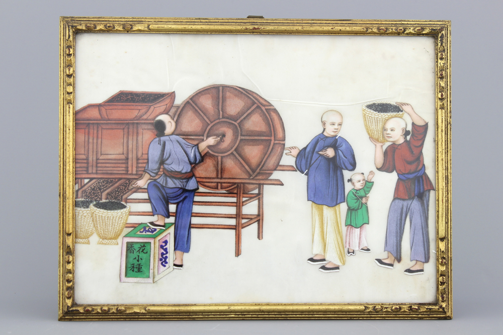 A Chinese Canton rice paper painting of the tea production, ca. 1800