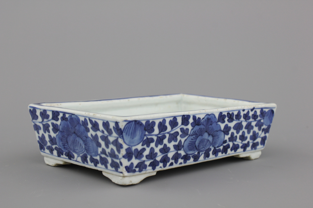 A Chinese porcelain blue and white rectangular bonsai bowl, Qing dynasty