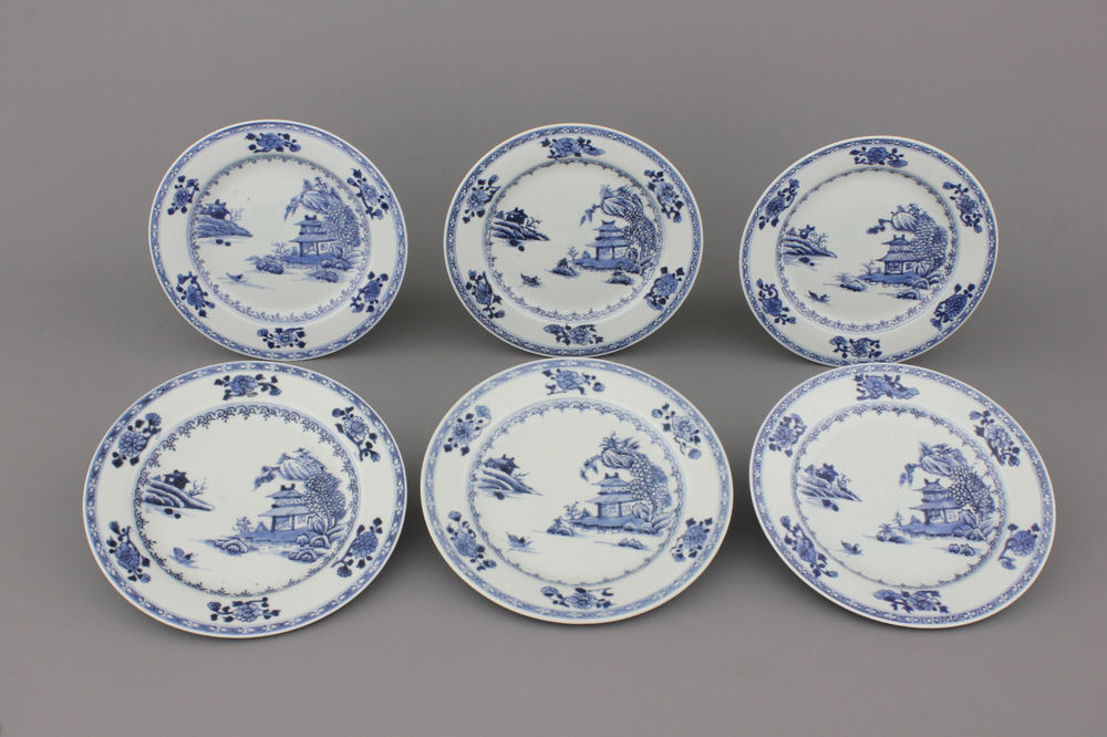 A set of 6 Chinese porcelain blue and white plates with landscape decoration, 18th C.