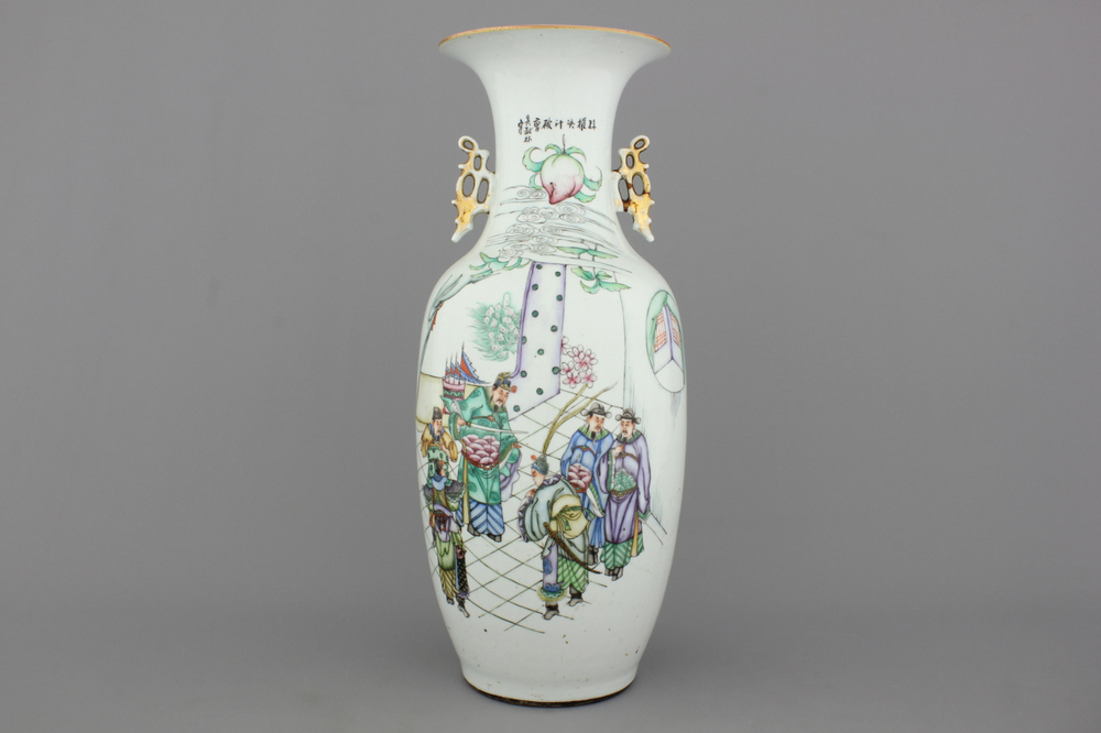 A Chinese porcelain polychrome vase with an imperial palace scene, 19th C.
