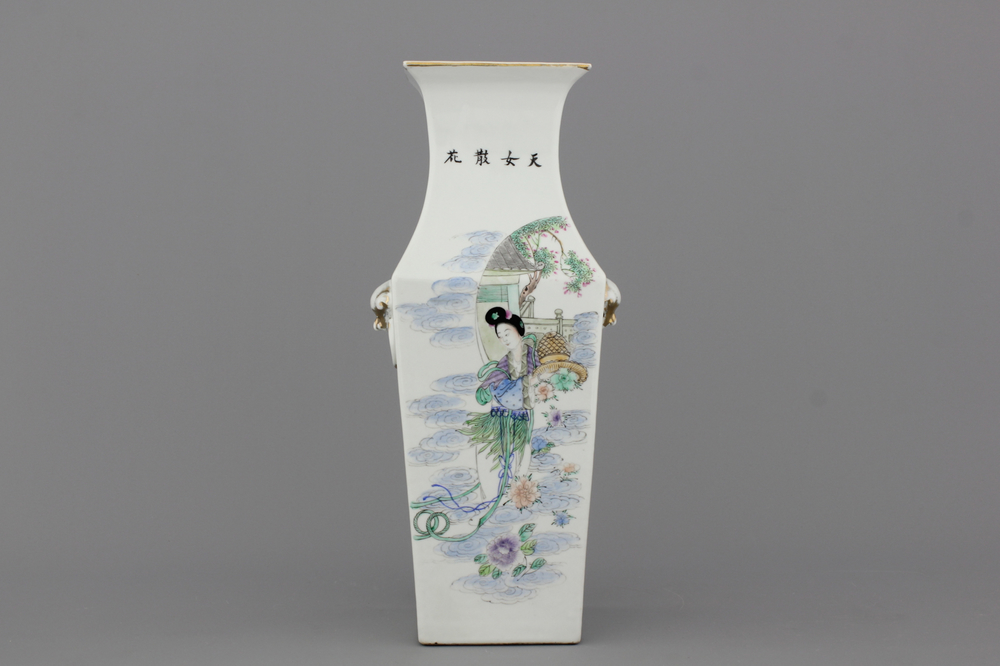 A Chinese porcelain square vase with Guanyin, 19th C.