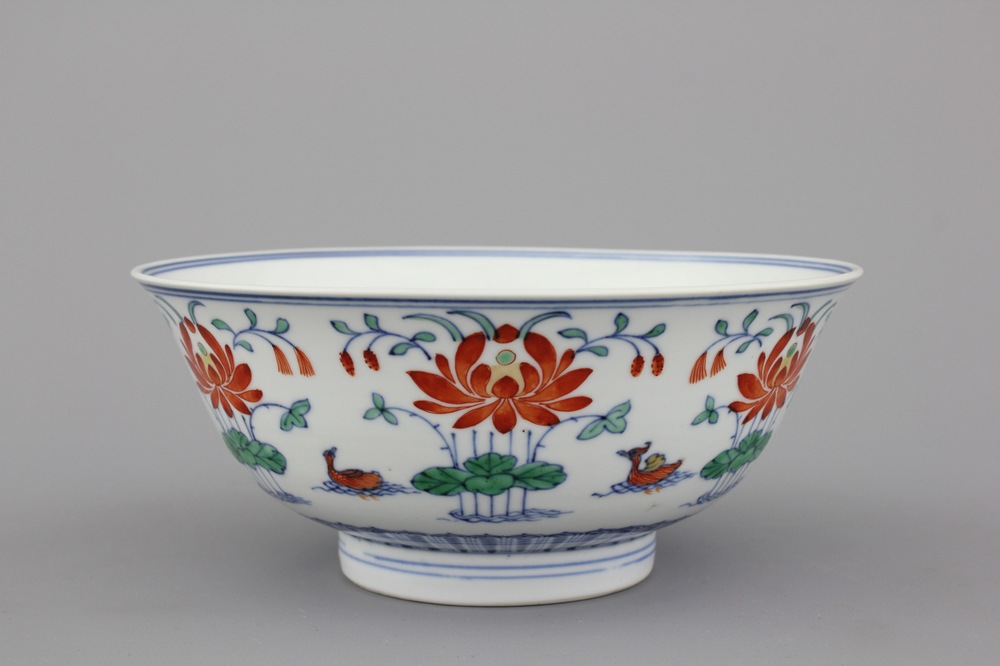 A Chinese porcelain wucai bowl, Qianlong mark and possibly of the period