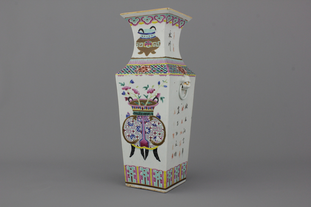 A Chinese porcelain square famille rose vase with censers, 19th C.