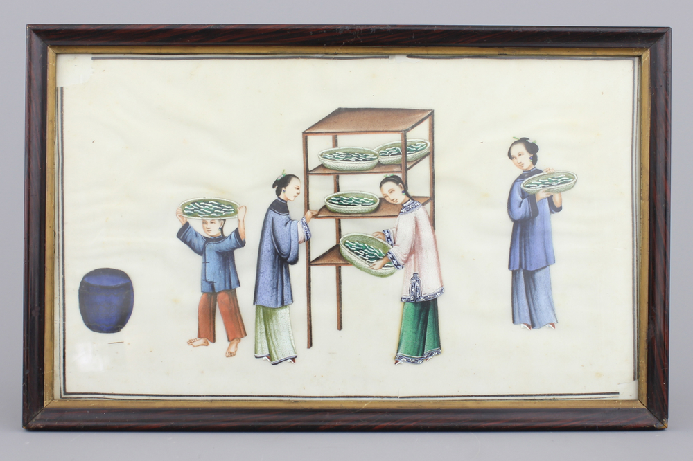 A group of 8 Chinese Canton rice paper paintings of the silk production, ca. 1800