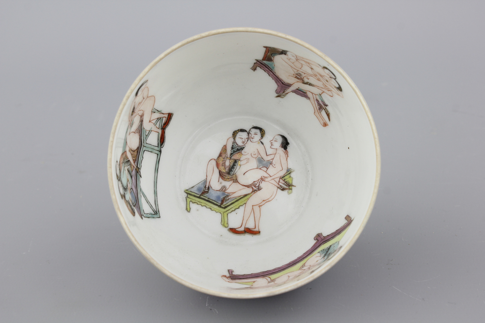 An unusual Chinese porcelain bowl with erotic scenes, 19th C.