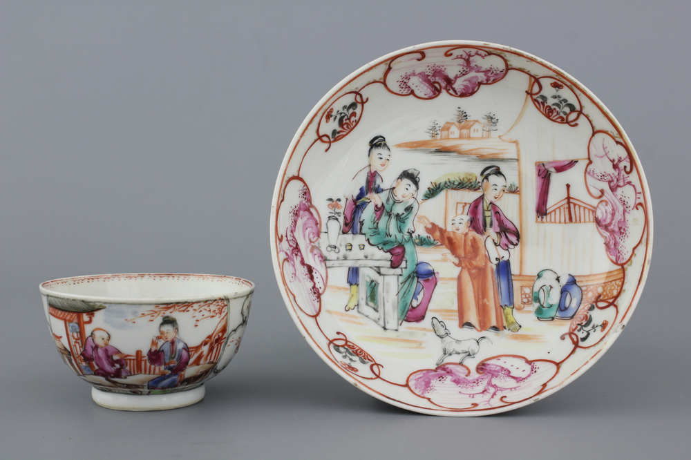 A Chinese porcelain mandarin cup and saucer, Qianlong, 18th C.