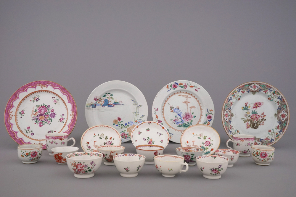 A large collection of Chinese famille rose porcelain plates, cups and saucers, 18th C.