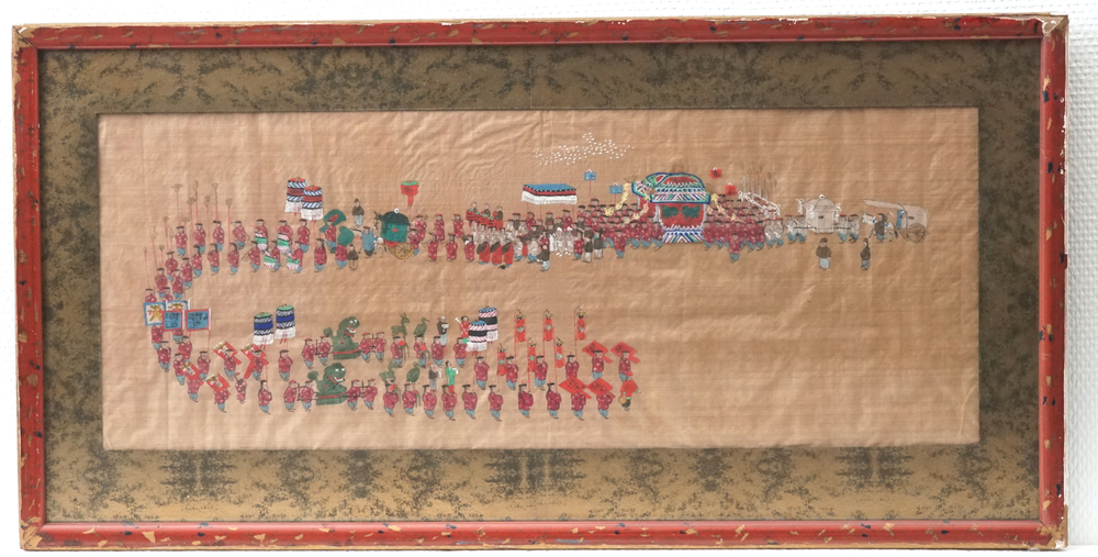 A pair of Chinese framed paintings on silk with an imperial procession, 19/20th C.