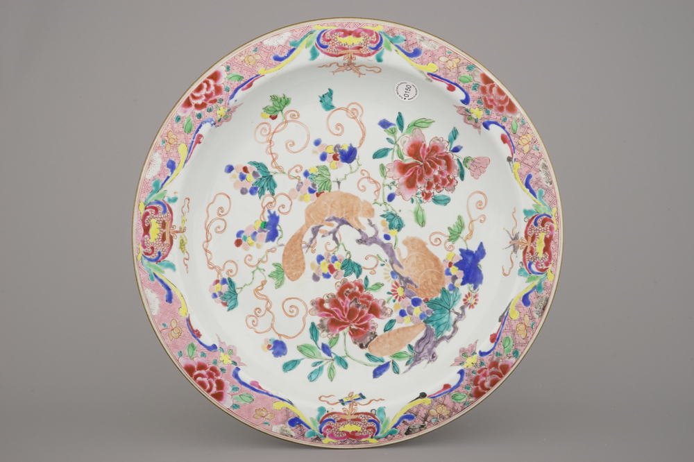 An impressive Chinese porcelain famille rose squirrel dish, 18th C.