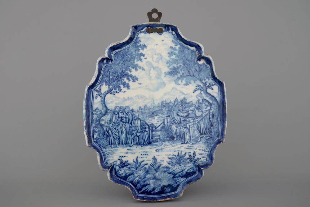 A large Rotterdam delftware blue and white biblical plaque, ca. 1740