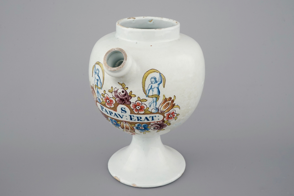 A rare Dutch Delft polychrome syrup jar or wet drug jar, 18th C.