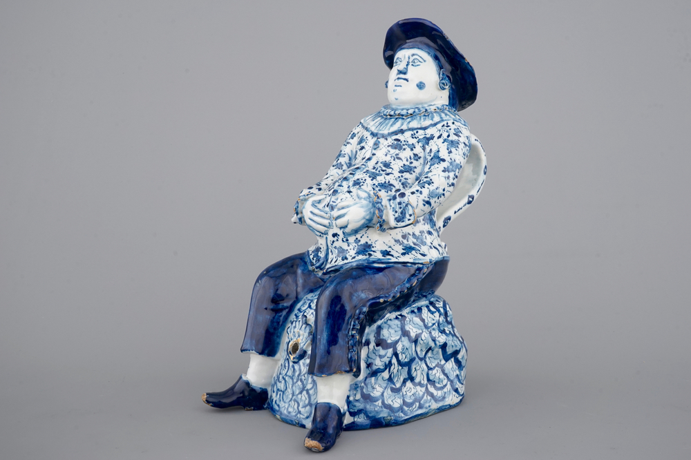 A blue and white Dutch Delft figural &quot;Bobbejak&quot; table fountain, 18th C.