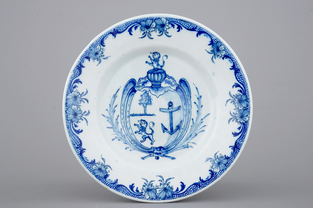 A blue and white Dutch Delft armorial plate, The Greek A, 1796-1811