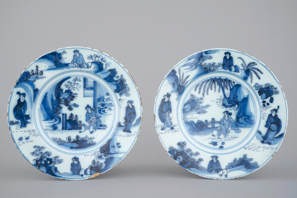 A set of 2 Dutch Delft blue and white chinoiserie plates, 17th C.