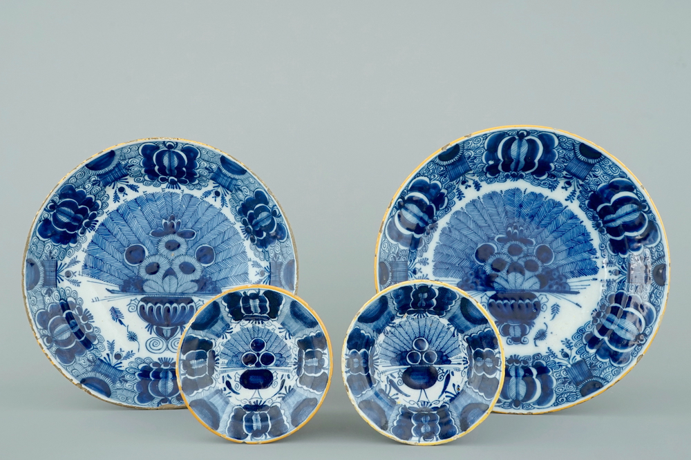 Two pairs of Dutch Delft blue and white peacock tail's plates, 18th C.