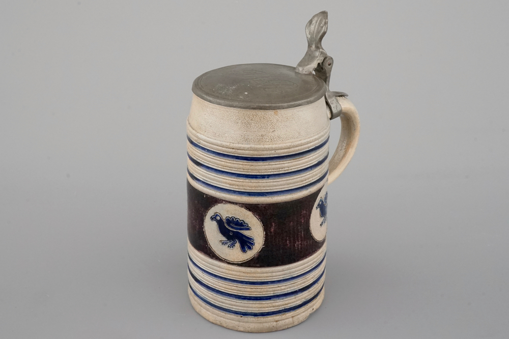 A fine Westerwald incised and pewter-mounted beer stein, 17th C.